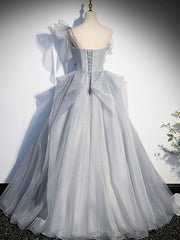 Gray Sweetheart Tulle Long Prom Dress Outfits For Girls, Gray Evening Dress