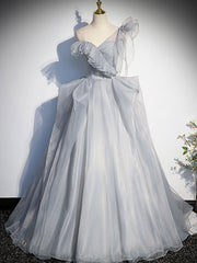 Gray Sweetheart Tulle Long Prom Dress Outfits For Girls, Gray Evening Dress