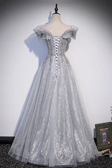 Gray Tulle Beaded Long A-Line Prom Dress Outfits For Girls, Cute Evening Party Dress