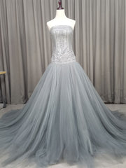 Gray Tulle Beads Long Prom Dress Outfits For Women Gray Tulle Formal Evening Graduation Dresses