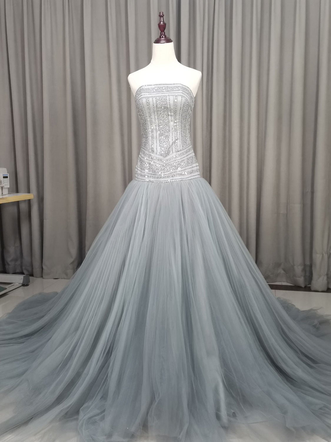 Gray Tulle Beads Long Prom Dress Outfits For Women Gray Tulle Formal Evening Graduation Dresses