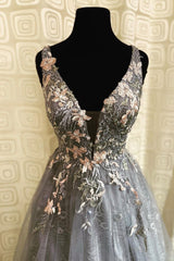 Gray Tulle Lace long A-Line Prom Dress Outfits For Girls, Gray V-Neck Evening Party Dress