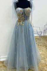 Gray Tulle Lace Long Prom Dress Outfits For Girls, A-Line Spaghetti Straps Evening Dress