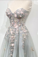 Gray Tulle Lace Long Strapless Prom Dress Outfits For Girls, A-Line Formal Evening Dress
