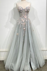 Gray Tulle Lace Long Strapless Prom Dress Outfits For Girls, A-Line Formal Evening Dress