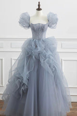 Gray Tulle Long A-Line Prom Dress Outfits For Girls, Gray Short Sleeve Evening Dress