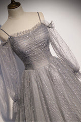 Gray Tulle Long Sleeve A-Line Prom Dress Outfits For Girls, Spaghetti Straps Formal Evening Dress