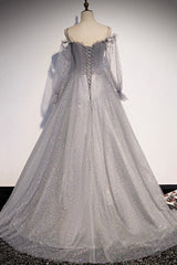 Gray Tulle Long Sleeve A-Line Prom Dress Outfits For Girls, Spaghetti Straps Formal Evening Dress
