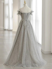 Gray Tulle Sequin Lace Off Shoulder Long Prom Dress Outfits For Girls, Gray Evening Dress