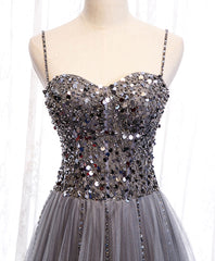 Gray Tulle Sequin Long Prom Dress Outfits For Girls, Gray Tulle Formal Dress Outfits For Women with Beading Sequin