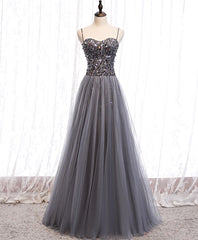 Gray Tulle Sequin Long Prom Dress Outfits For Girls, Gray Tulle Formal Dress Outfits For Women with Beading Sequin