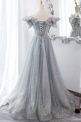 Gray Tulle Sequins Long A-Line Prom Dress Outfits For Girls, Off the Shoulder Graduation Dress