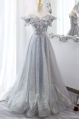 Gray Tulle Sequins Long A-Line Prom Dress Outfits For Girls, Off the Shoulder Graduation Dress