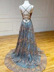 Gray Tulle Sequins Long Prom Dresses For Black girls For Women, A-Line Spaghetti Straps Formal Dresses