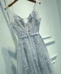 Gray V Neck Lace Tulle Long Prom Dress Outfits For Girls, Lace Evening Dress