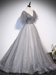 Gray V Neck Tulle Long Prom Dress Outfits For Girls, Gray Tulle Sequin Evening Dress