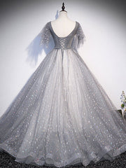 Gray V Neck Tulle Long Prom Dress Outfits For Girls, Gray Tulle Sequin Evening Dress