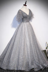 Gray V-Neck Tulle Sequins Long Prom Dress Outfits For Girls, A-Line Short Sleeve Evening Dress