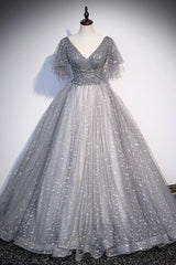 Gray V-Neck Tulle Sequins Long Prom Dress Outfits For Girls, A-Line Short Sleeve Evening Dress