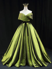 Green A line Satin Long Prom Dress Outfits For Girls, Green Satin Formal Evening Dresses