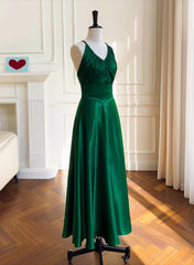 Green A-line Soft Satin Cross Back Evening Dress Outfits For Girls, Green Prom Dress Outfits For Women Party Dress