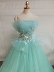 Green A-Line Tulle Lace Long Prom Dress Outfits For Girls, Green Sweet 16 Dress