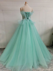 Green A-Line Tulle Lace Long Prom Dress Outfits For Girls, Green Sweet 16 Dress