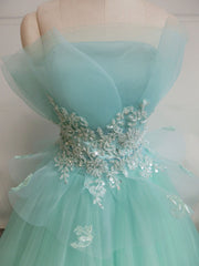 Green A-Line Tulle Lace Long Prom Dress Outfits For Girls, Green Sweet 16 Dress