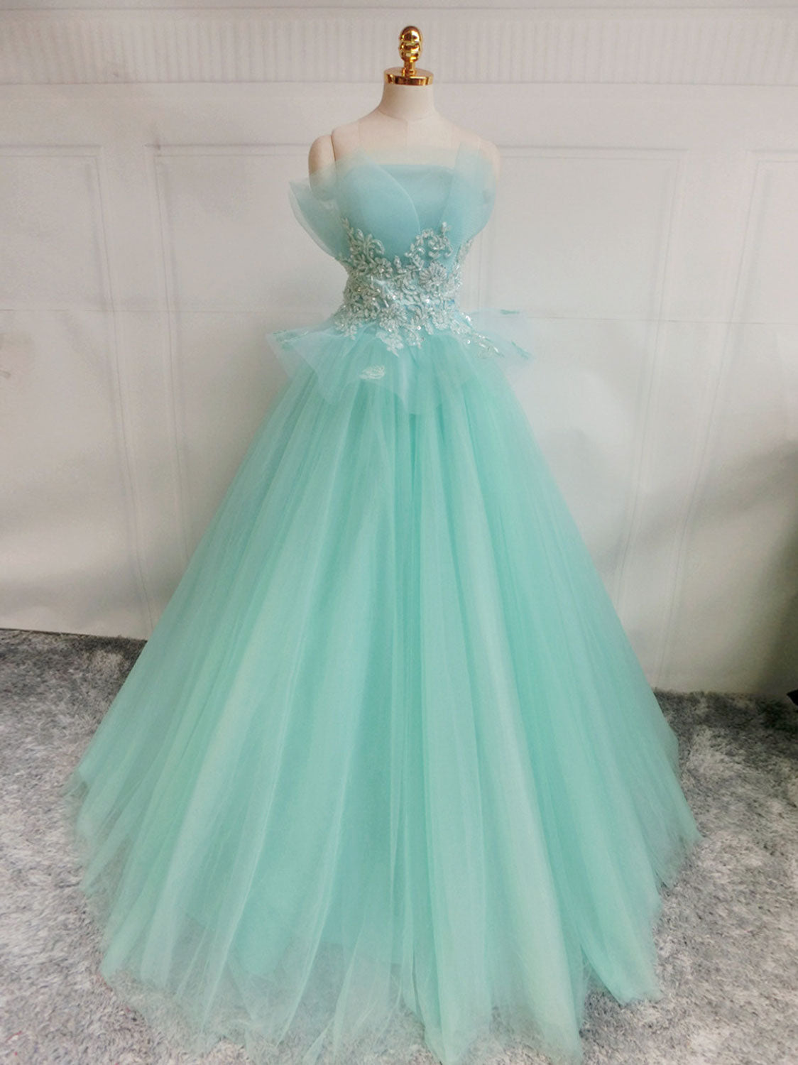 Green A-Line Tulle Lace Long Prom Dress Outfits For Girls, Green Sweet 16 Dress