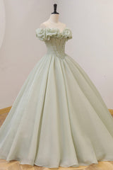 Green A-Line Tulle Long Prom Dress Outfits For Women with Beaded, Off the Shoulder Evening Dress