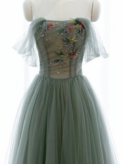 Green A-line Tulle with Lace Applique Long Formal Dress Outfits For Girls, Green Prom Dress