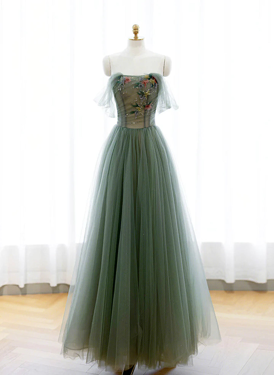 Green A-line Tulle with Lace Applique Long Formal Dress Outfits For Girls, Green Prom Dress