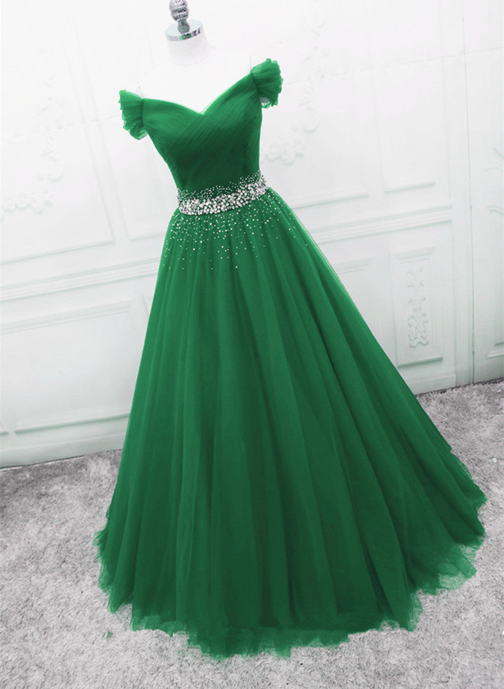 Green Off Shoulder Tulle Beaded A-line Formal Dress Outfits For Girls, Green Floor Length Long Prom Dress