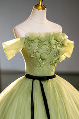 Green Off-Shoulder Tulle Long Formal Dress Outfits For Girls, A-Line Evening Dress