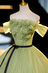 Green Off-Shoulder Tulle Long Formal Dress Outfits For Girls, A-Line Evening Dress