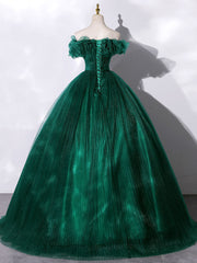 Green Off Shoulder Tulle Long Prom Dress Outfits For Girls, Green Sweet 16 Dress