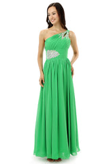 Green One Shoulder Chiffon With Crystal Pleats Bridesmaid Dresses