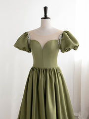 Green Puff Sleeves Satin Long Prom Dress Outfits For Girls, Green Long Formal Dresses