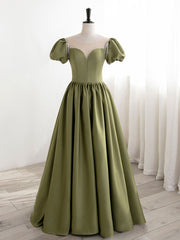 Green Puff Sleeves Satin Long Prom Dress Outfits For Girls, Green Long Formal Dresses