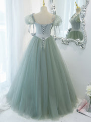 Green Round Neck Tulle Long Prom Dress Outfits For Girls, Green Evening Dress
