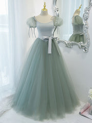 Green Round Neck Tulle Long Prom Dress Outfits For Girls, Green Evening Dress