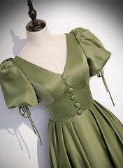 Green Satin A-line Puffy Sleeves A-line Prom Dress Outfits For Girls, V-neck Simple Long Formal Party Gown
