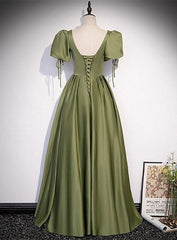 Green Satin A-line Puffy Sleeves A-line Prom Dress Outfits For Girls, V-neck Simple Long Formal Party Gown