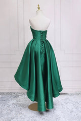 Green Satin High Low Prom Dress Outfits For Girls, Cute Sweetheart Neck Evening Party Dress