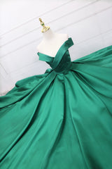 Green Satin Long A-Line Prom Dress Outfits For Girls, V-Neck Off the Shoulder Evening Dress