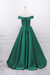 Green Satin Long A-Line Prom Dress Outfits For Girls, V-Neck Off the Shoulder Evening Dress