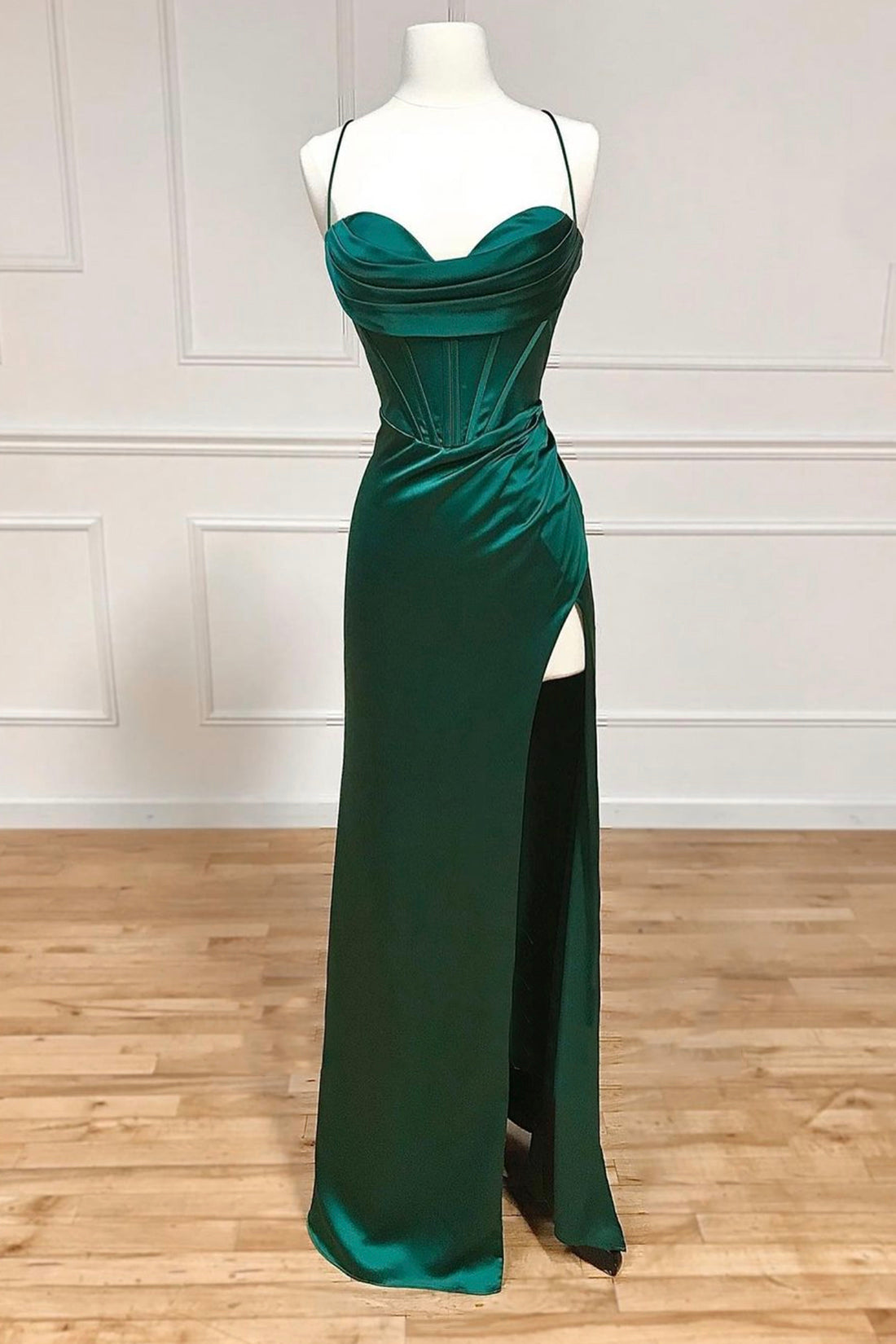 Green Satin Long Prom Dress Outfits For Girls, Simple Lace-Up Evening Party Dress