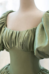 Green Satin Puff Sleeves Long Prom Dress Outfits For Girls, Green A-Line Formal Dress