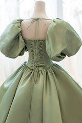 Green Satin Puff Sleeves Long Prom Dress Outfits For Girls, Green A-Line Formal Dress