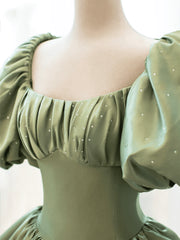 Green Satin Puffy Sleeves Long Formal Dress Outfits For Girls, Green Satin Prom Dress Outfits For Women Party Dress